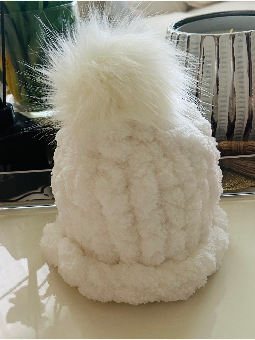 Kids White Faux Fur Pom Pom Beanie Hat